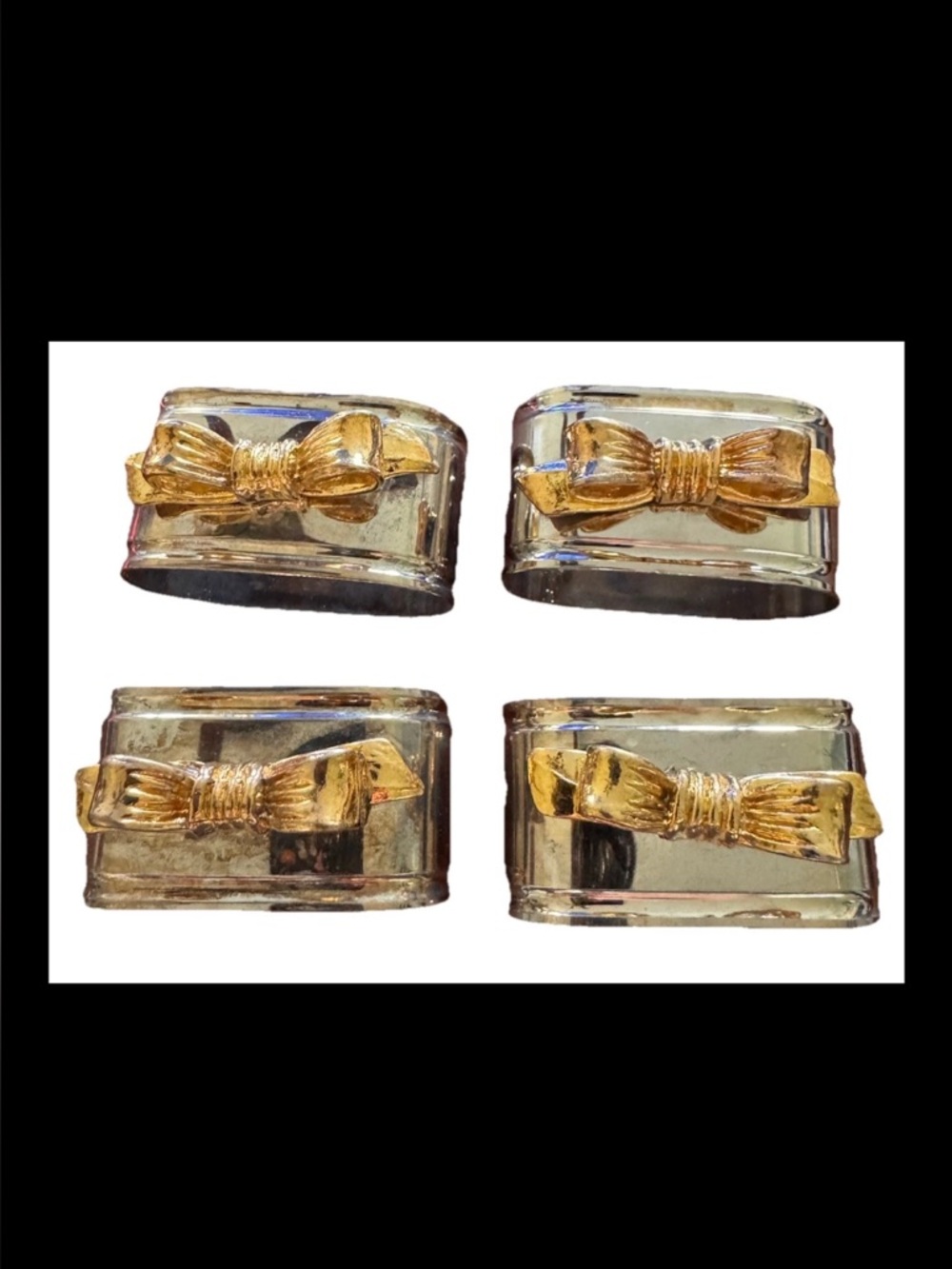Set Of 4 Napkin Rings Oval Silverplate W/Gold Bow All Occasion / Holiday